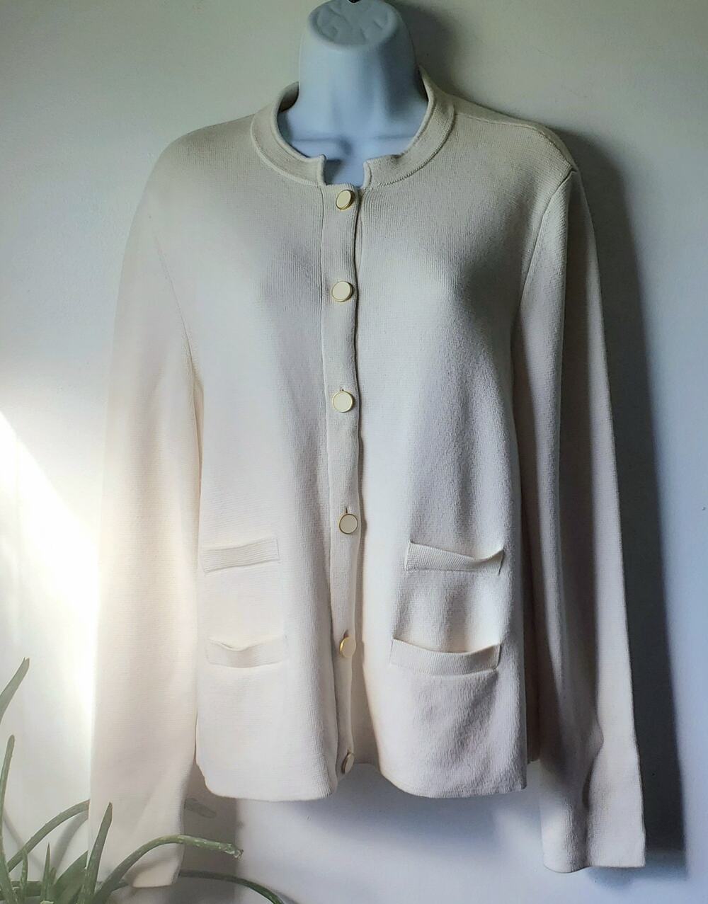 Talbots Womens Cream Long Sleeve Button Down Sweater Jacket Size L Office Preppy